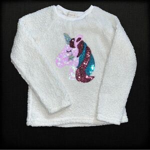 Girls “between” Fuzzy Sequins Unicorn Sweater Size 8